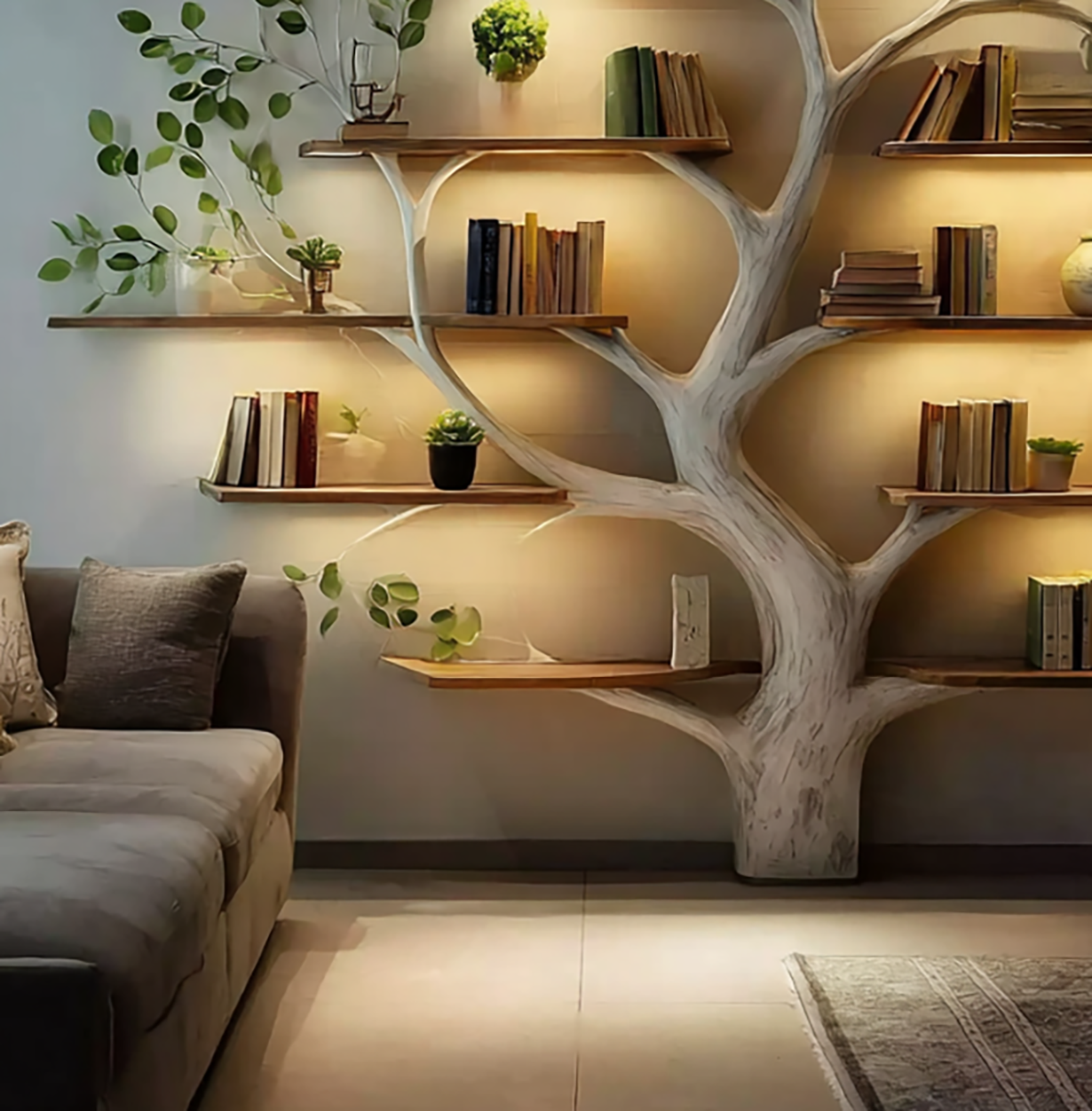 Handmade Wooden Tree Bookshelf - Natural Wood Wall Bookcase - detail view 3
