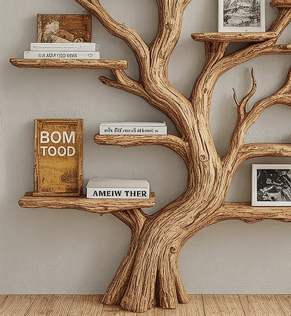 Rustic Tree Shaped Wooden Bookshelf with Branch Design for Living Room or Home Library - detail view 4