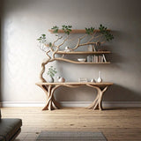 Handmade Rustic Console Table with Tree Branch Bookshelf - Live Edge Farmhouse Entryway Table - Natural Wood