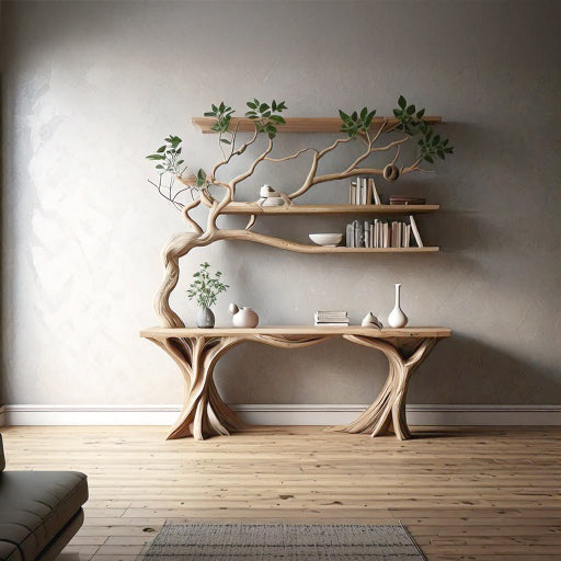 Handmade Rustic Console Table with Tree Branch Bookshelf - Live Edge Farmhouse Entryway Table - Natural Wood - detail view 3