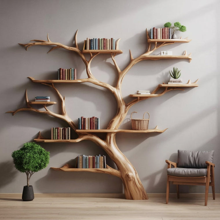 Handmade Tree Bookshelf - Wooden Tree Bookcase - Rustic Wall Shelf for Home Decor