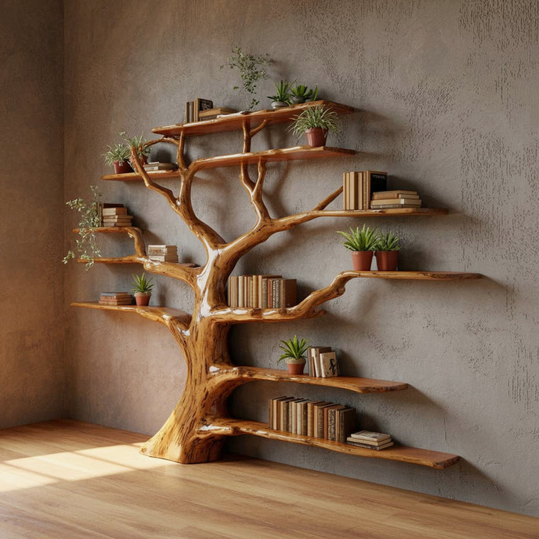 Tree Bookshelf - Rustic Wooden Book Tree Shelf - Wall - Mounted Natural Wood Décor