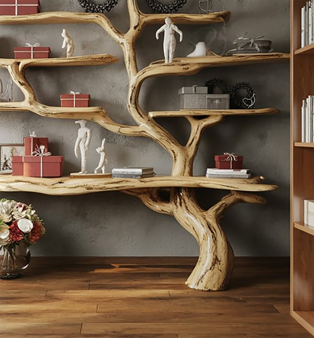Handcrafted Tree Bookshelf - Rustic Live Edge Wooden Wall Bookcase - alternate view