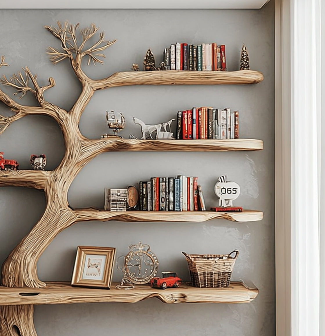 Rustic Tree Shaped Wooden Bookshelf with Branch Design for Living Room or Home Library - detail view 3