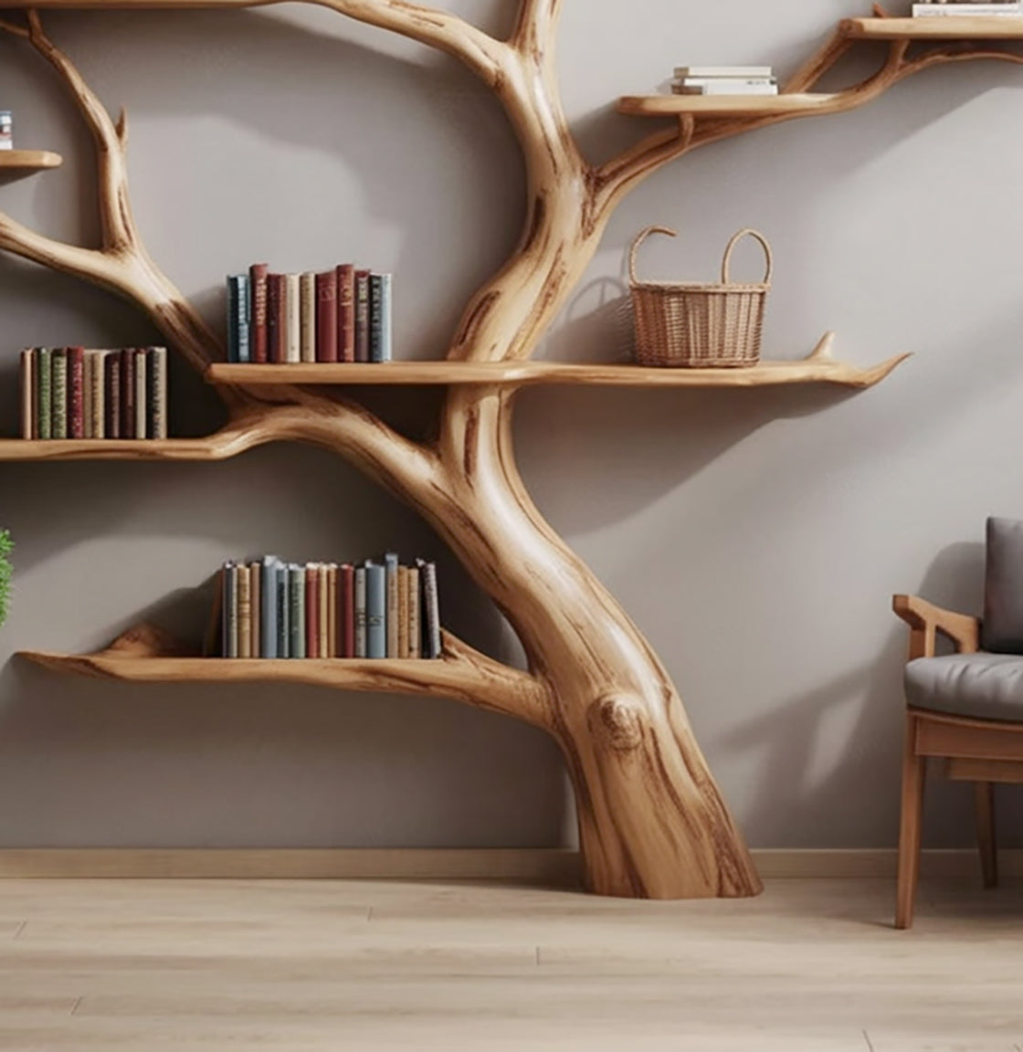 Handmade Tree Bookshelf - Wooden Tree Bookcase - Rustic Wall Shelf for Home Decor - detail view 4