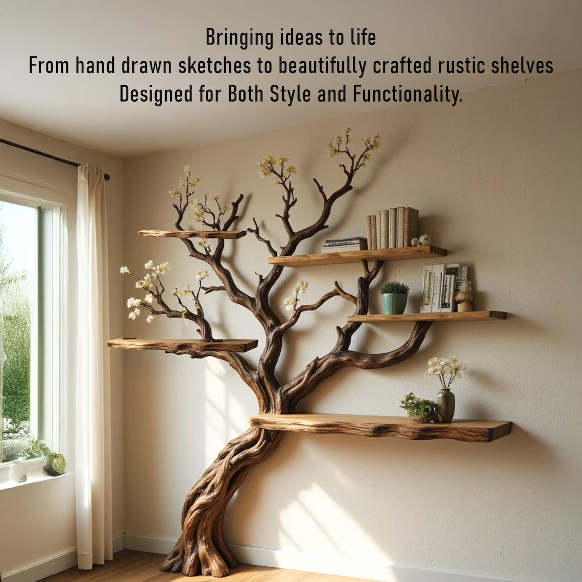 Flower Tree Branch Driftwood Bookshelf - Live-Edge Wall Shelf - detail view 10