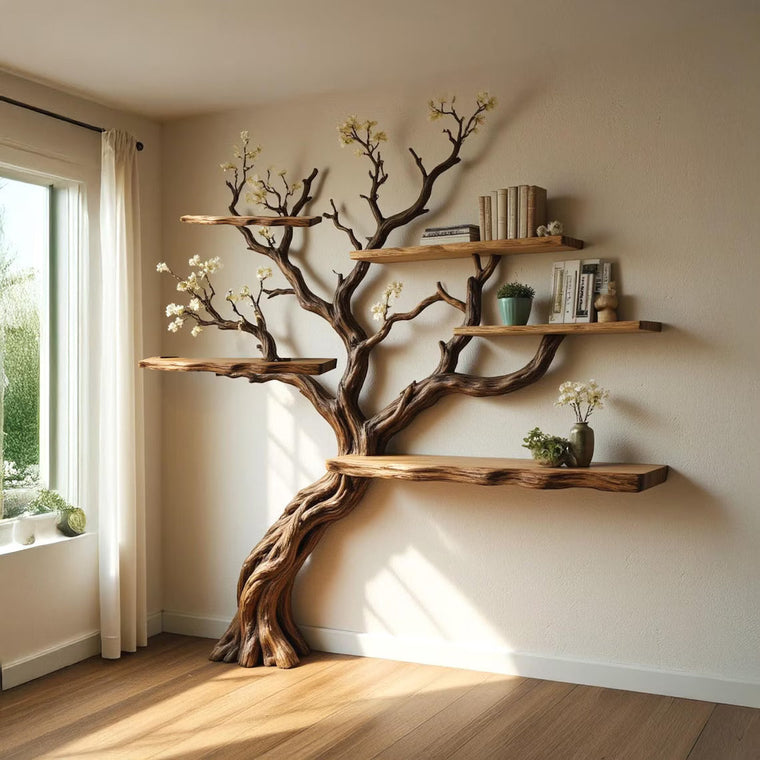 Flower Tree Branch Driftwood Bookshelf - Live-Edge Wall Shelf