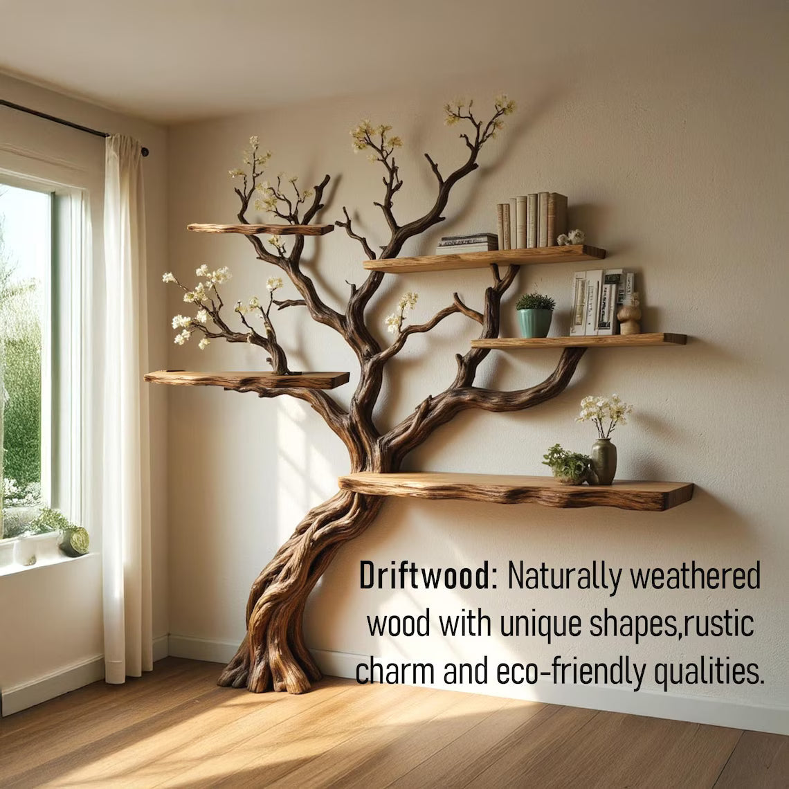 Flower Tree Branch Driftwood Bookshelf - Live-Edge Wall Shelf - detail view 4
