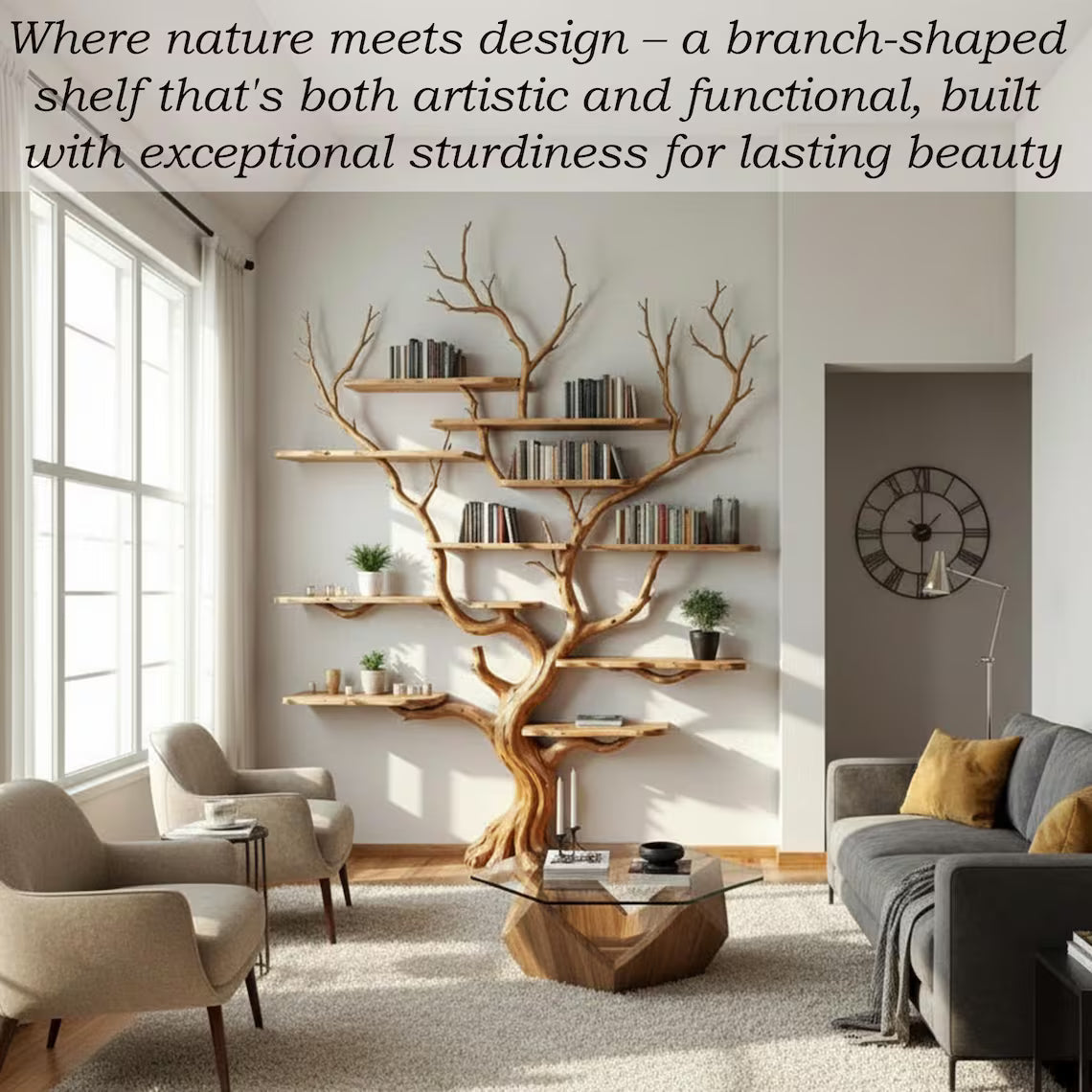 Solid Wood Tree Branch Floating Wall Bookshelf - detail view 4