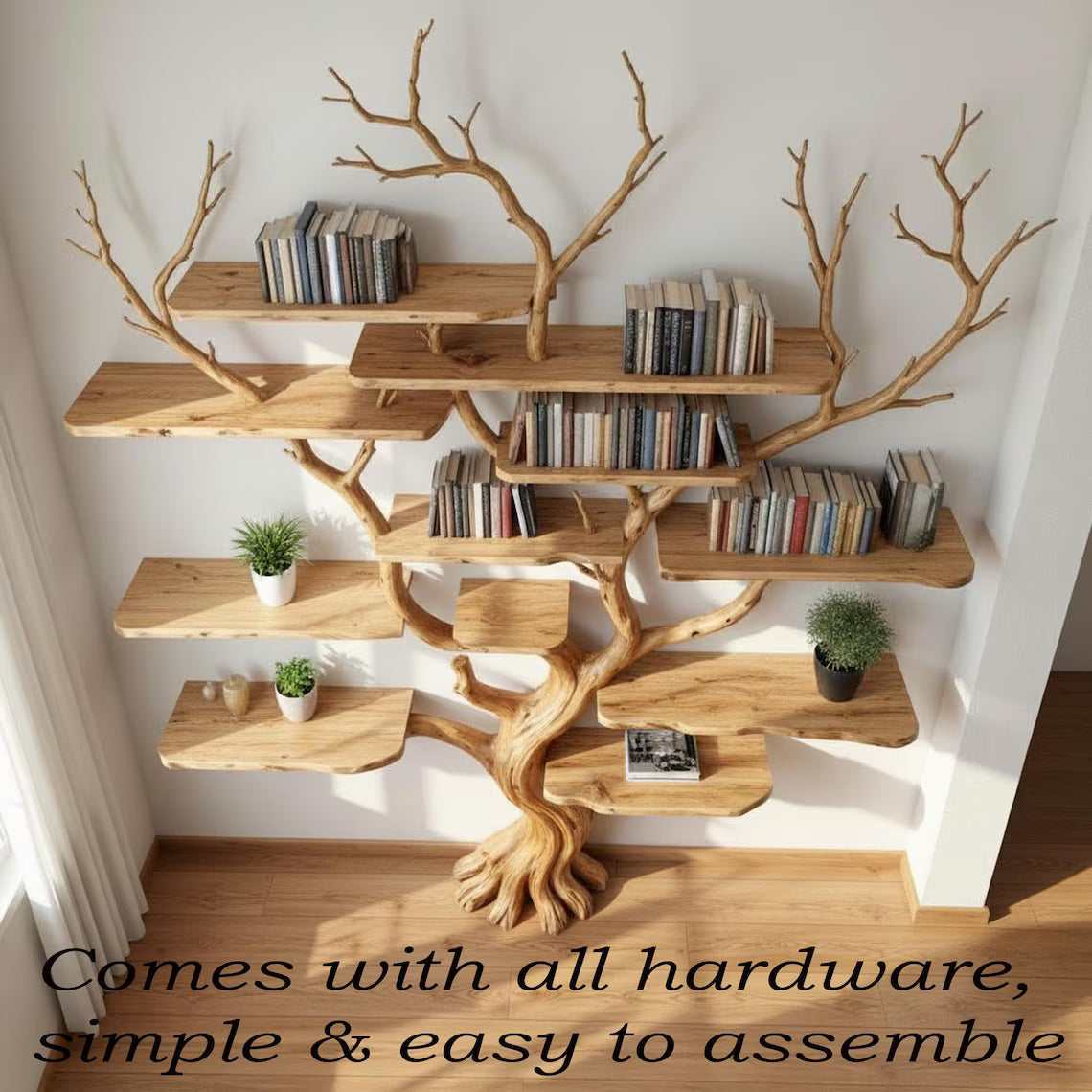 Solid Wood Tree Branch Floating Wall Bookshelf - detail view 8