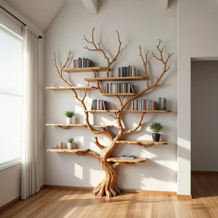Solid Wood Tree Branch Floating Wall Bookshelf