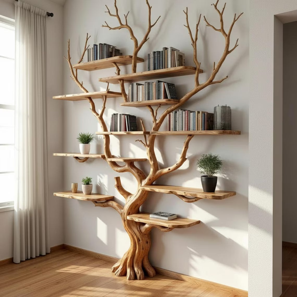 Solid Wood Tree Branch Floating Wall Bookshelf - detail view 5