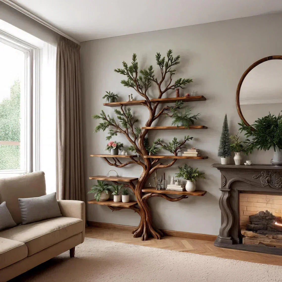 Handmade Driftwood Tree Branch Wall Bookshelf
