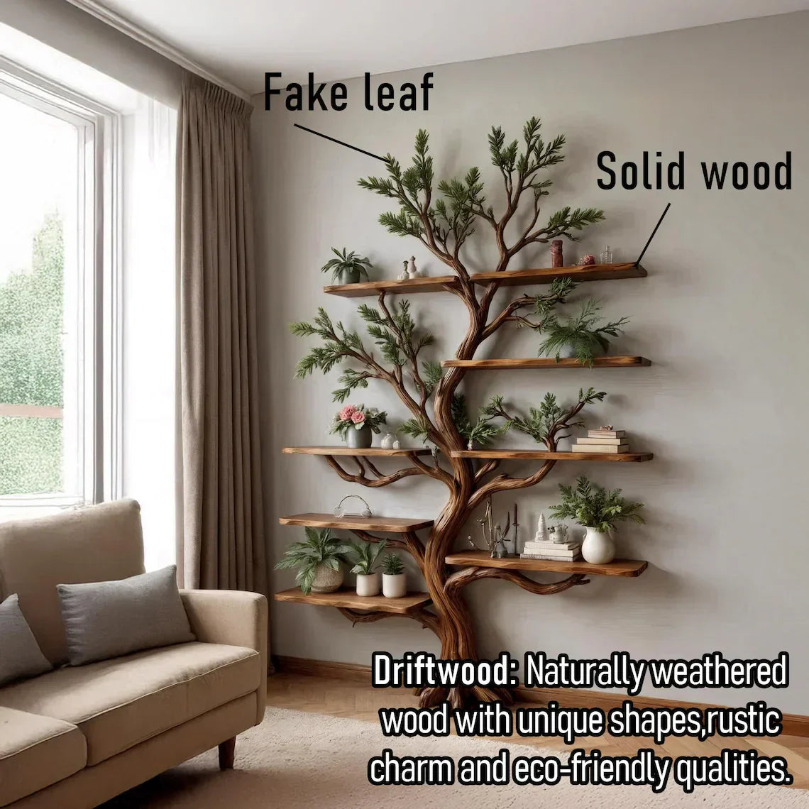 Handmade Driftwood Tree Branch Wall Bookshelf - detail view 5