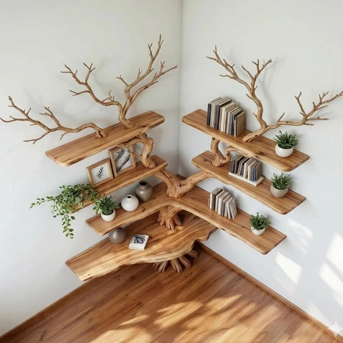 Corner Tree Branch Bookshelf - Floor-to-Wall Wood Bookcase - detail view 7