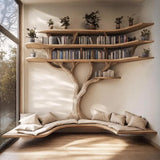 Driftwood Branch Corner Bookshelf with U-Shaped Reading Bench