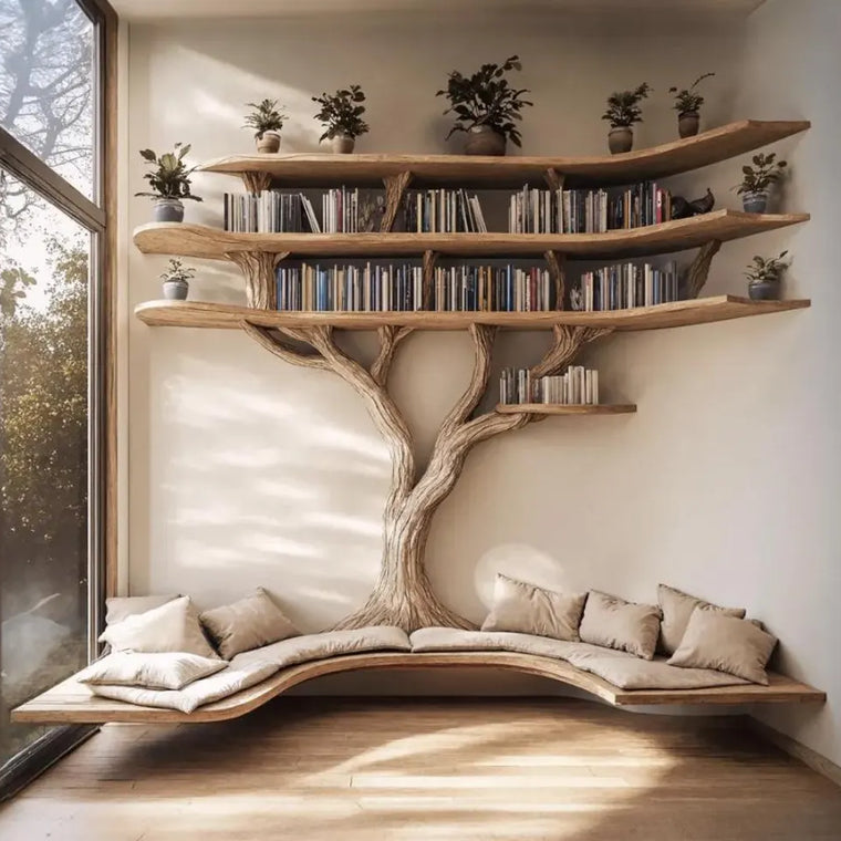 Driftwood Branch Corner Bookshelf with U-Shaped Reading Bench