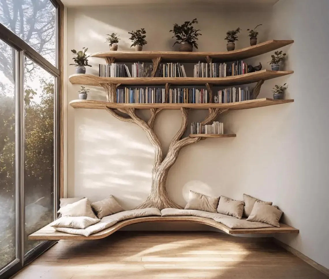 Driftwood Branch Corner Bookshelf with U-Shaped Reading Bench