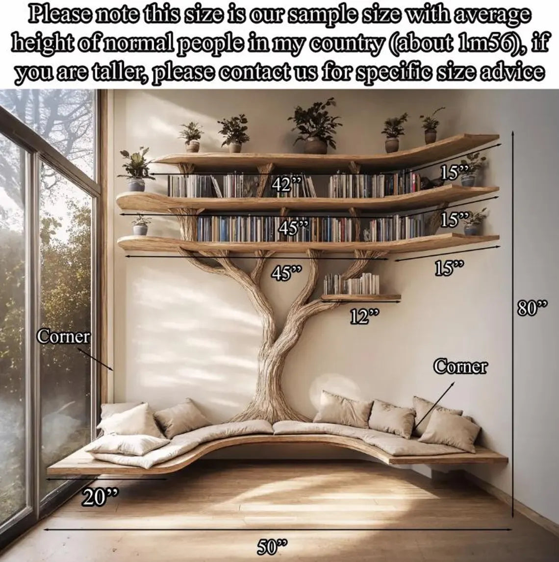 Driftwood Branch Corner Bookshelf with U-Shaped Reading Bench - detail view 6