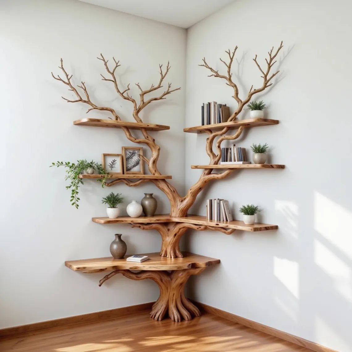 Corner Tree Branch Bookshelf - Floor-to-Wall Wood Bookcase
