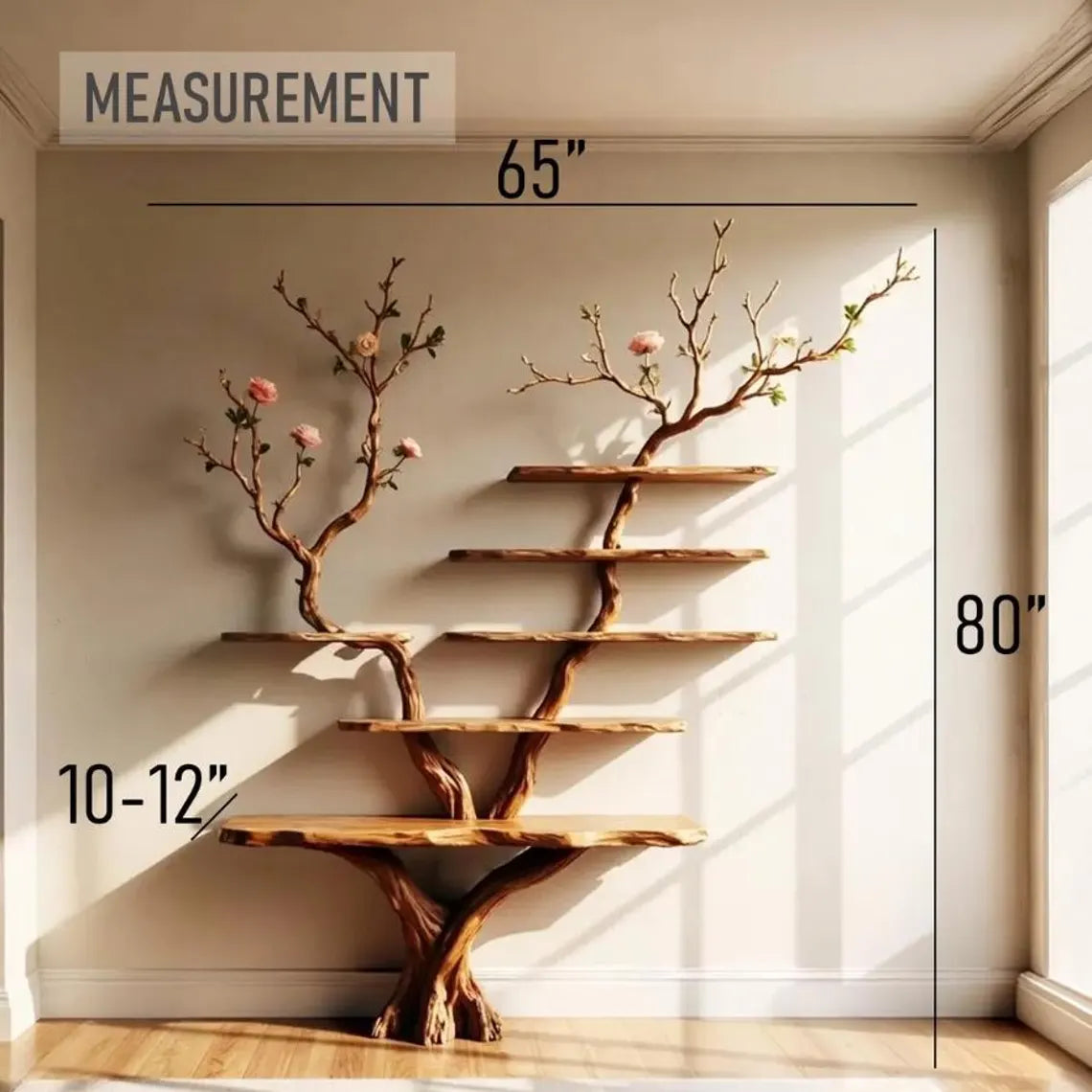 Natural Wood Tree Branch Floating Bookshelf - Rustic Wall Decor - detail view 4