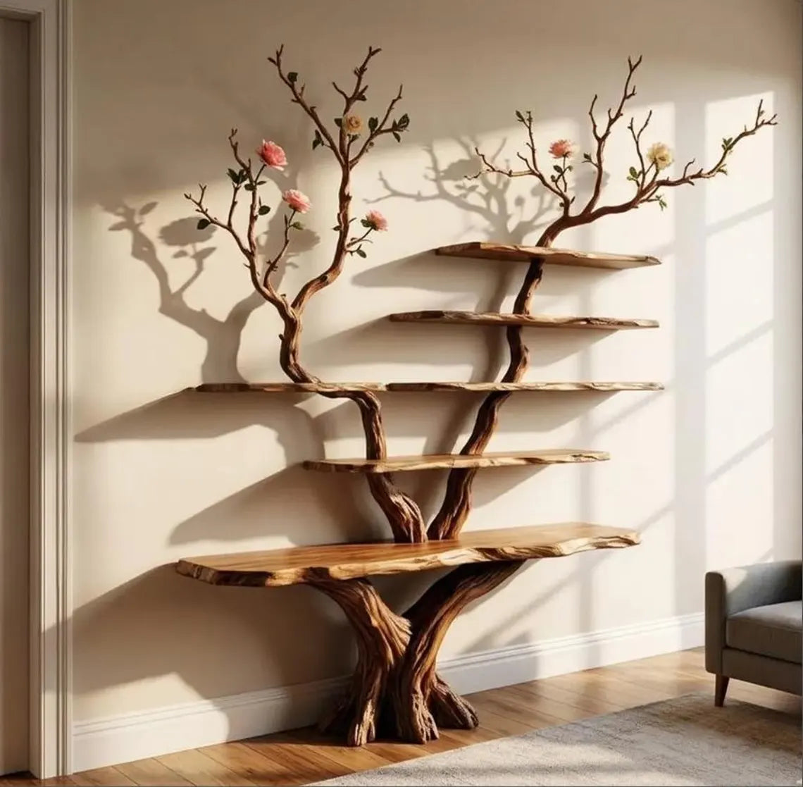 Natural Wood Tree Branch Floating Bookshelf - Rustic Wall Decor - alternate view