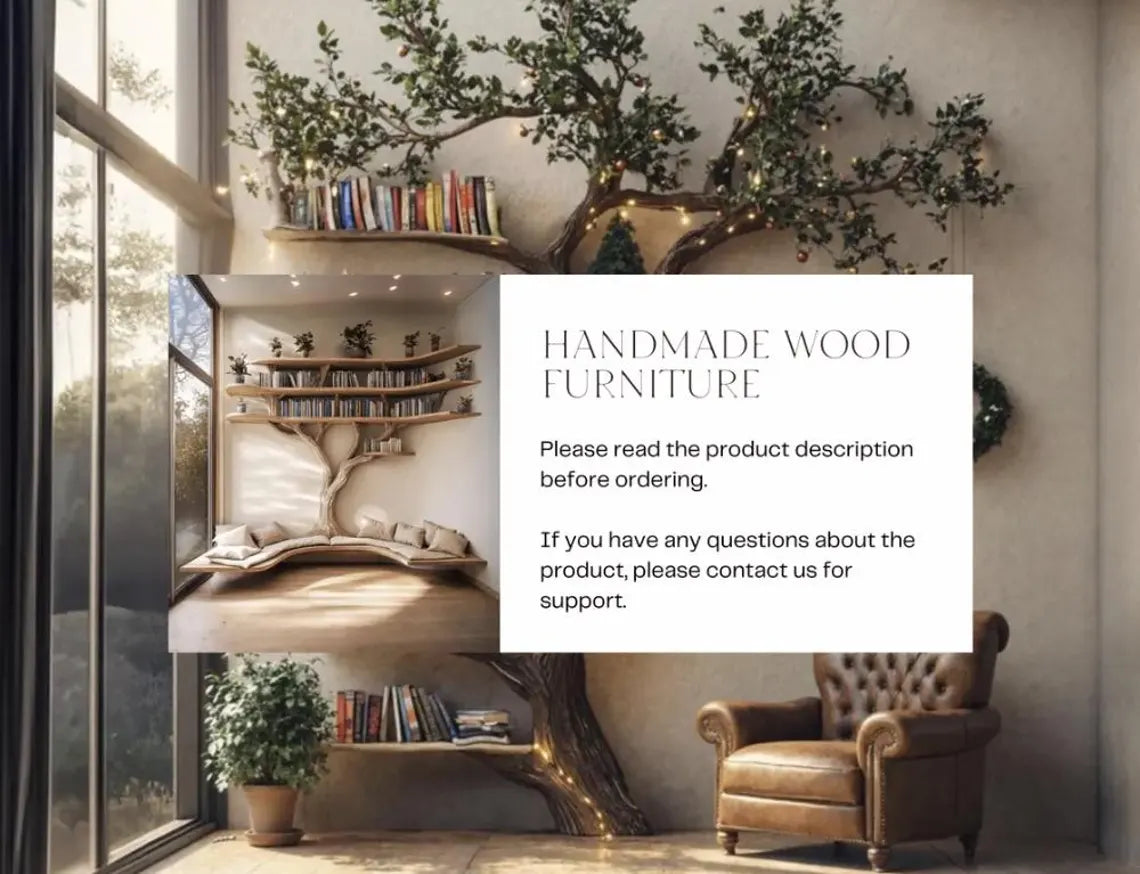 Driftwood Branch Corner Bookshelf with U-Shaped Reading Bench - alternate view