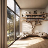 Driftwood Branch Corner Bookshelf with U-Shaped Reading Bench