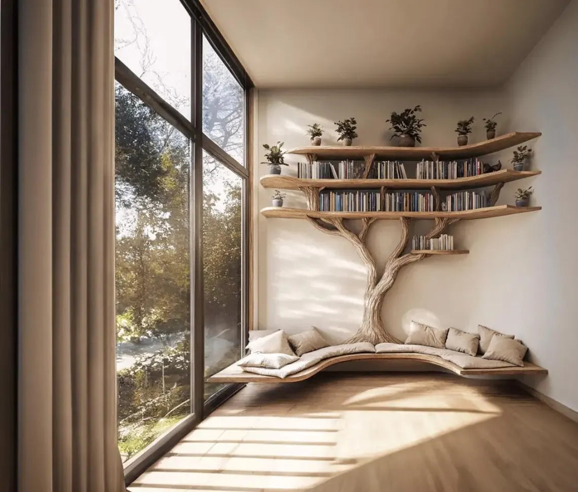 Driftwood Branch Corner Bookshelf with U-Shaped Reading Bench - detail view 3