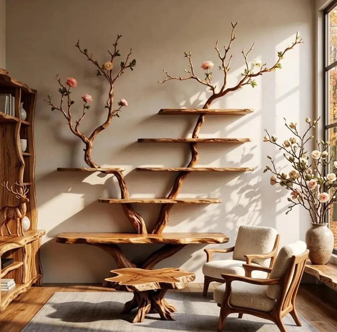 Natural Wood Tree Branch Floating Bookshelf - Rustic Wall Decor - detail view 7