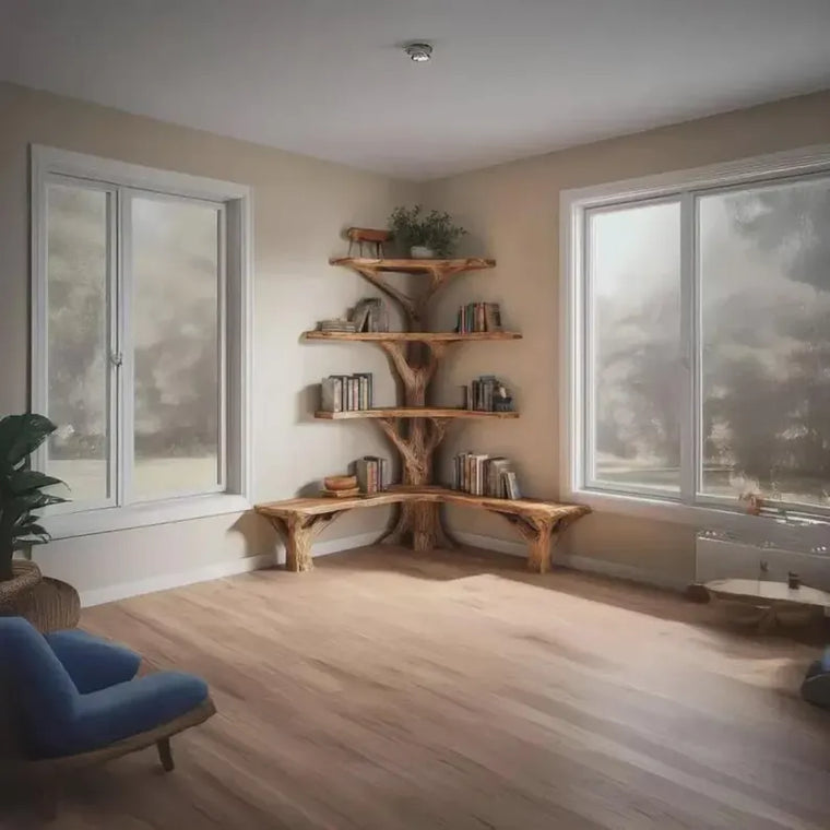 Hand-Carved Natural Wood Corner Bookshelf with Reading Bench - alternate view