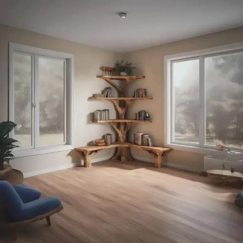 Hand-Carved Natural Wood Corner Bookshelf with Reading Bench - alternate view