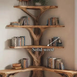 Hand-Carved Natural Wood Corner Bookshelf with Reading Bench
