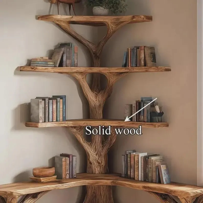 Hand-Carved Natural Wood Corner Bookshelf with Reading Bench - detail view 4