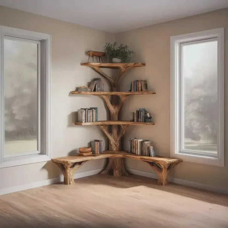 Hand-Carved Natural Wood Corner Bookshelf with Reading Bench