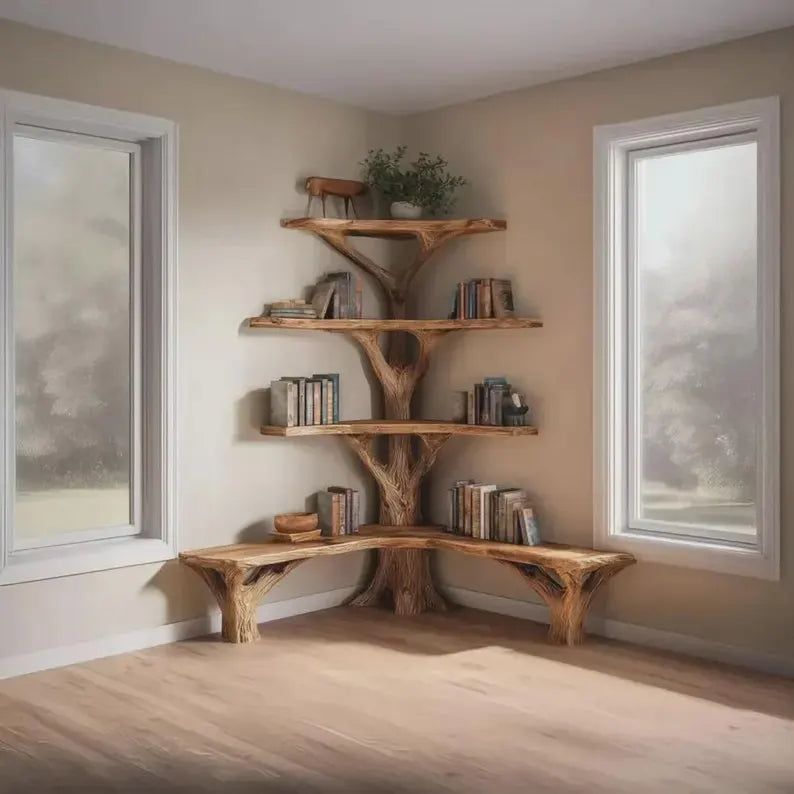 Hand-Carved Natural Wood Corner Bookshelf with Reading Bench