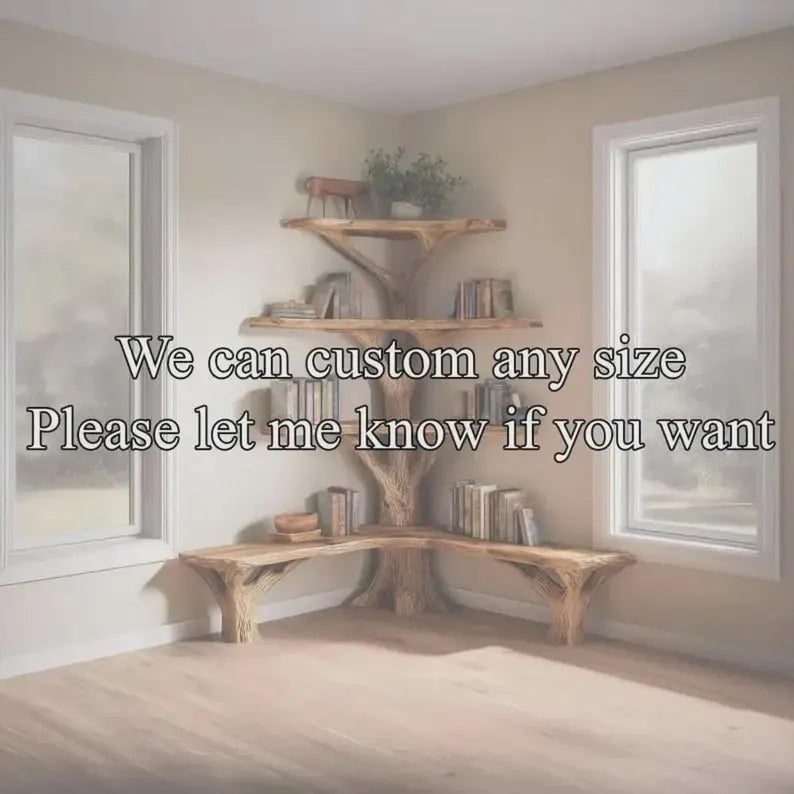 Hand-Carved Natural Wood Corner Bookshelf with Reading Bench - detail view 6