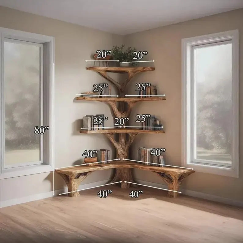 Hand-Carved Natural Wood Corner Bookshelf with Reading Bench - detail view 3