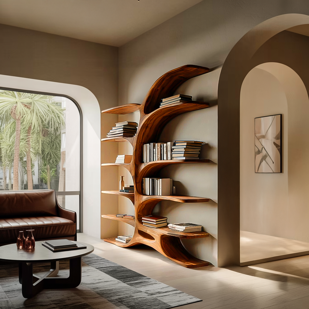 Contemporary Sculptural Curved Bookshelf for Living Room Interior