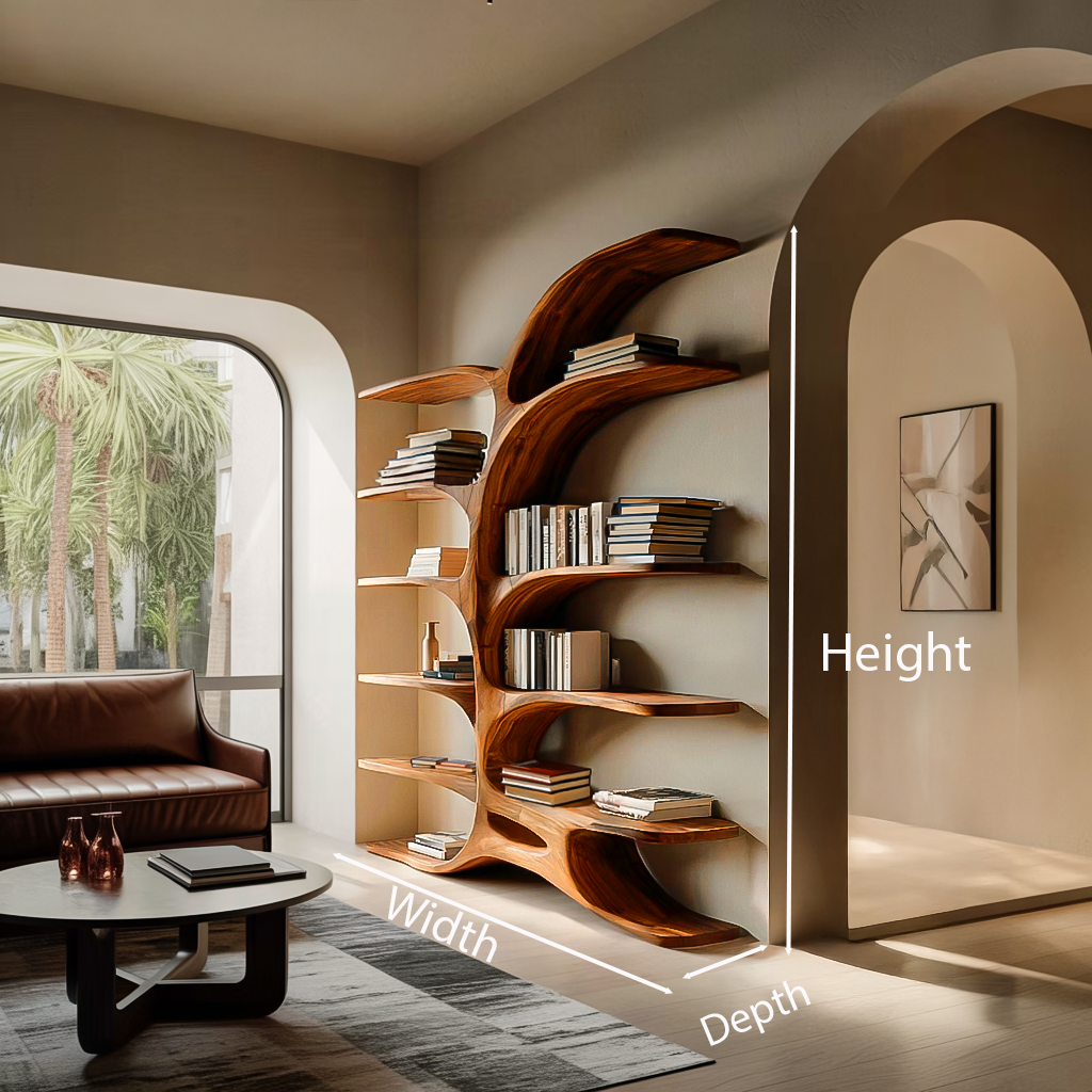 Contemporary Sculptural Curved Bookshelf for Living Room Interior - detail view 6