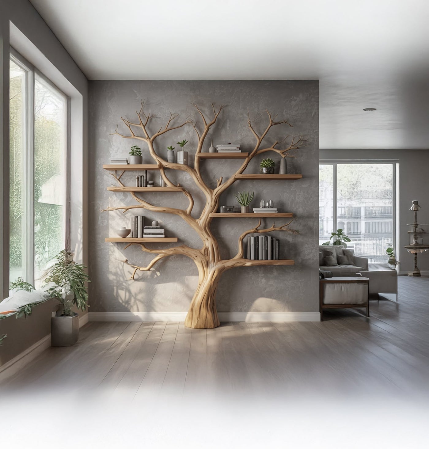 Handcrafted Tree Branch Bookshelf - Natural Wood Floating Shelves - Artistic Wall Decor - detail view 4