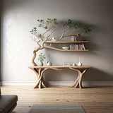 Handmade Rustic Console Table with Tree Branch Bookshelf - Live Edge Farmhouse Entryway Table - Natural Wood