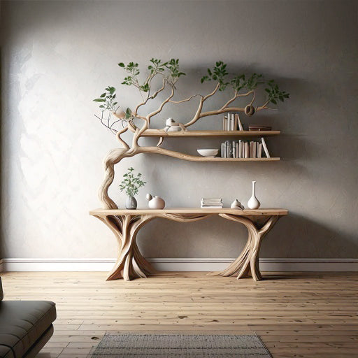Handmade Rustic Console Table with Tree Branch Bookshelf - Live Edge Farmhouse Entryway Table - Natural Wood - detail view 4