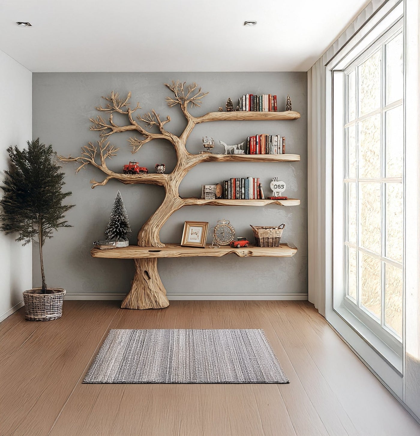 Rustic Tree Shaped Wooden Bookshelf with Branch Design for Living Room or Home Library - detail view 4