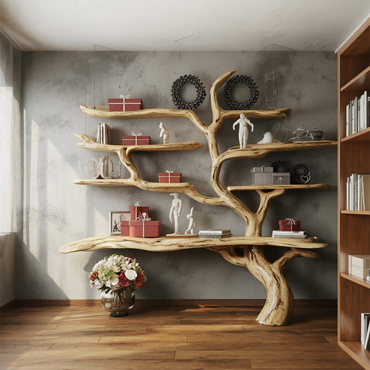 Handcrafted Tree Bookshelf - Rustic Live Edge Wooden Wall Bookcase