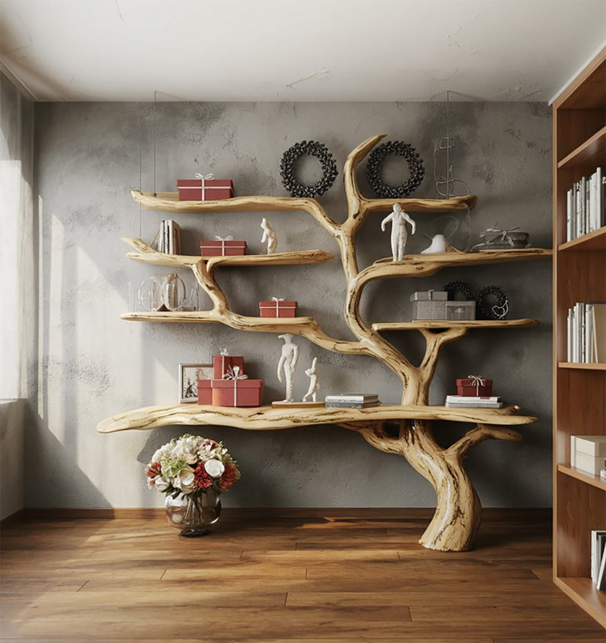 Handcrafted Tree Bookshelf - Rustic Live Edge Wooden Wall Bookcase