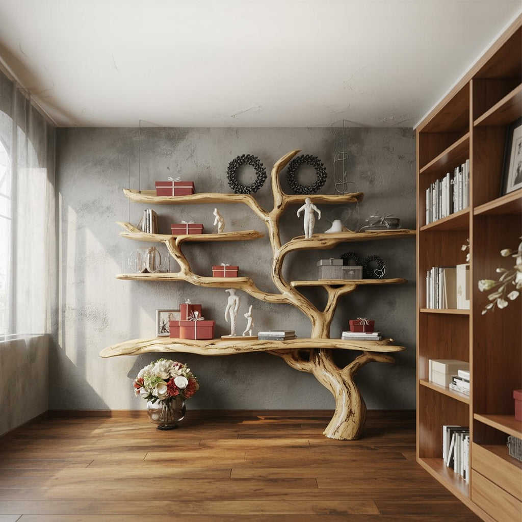 Handcrafted Tree Bookshelf - Rustic Live Edge Wooden Wall Bookcase - detail view 3
