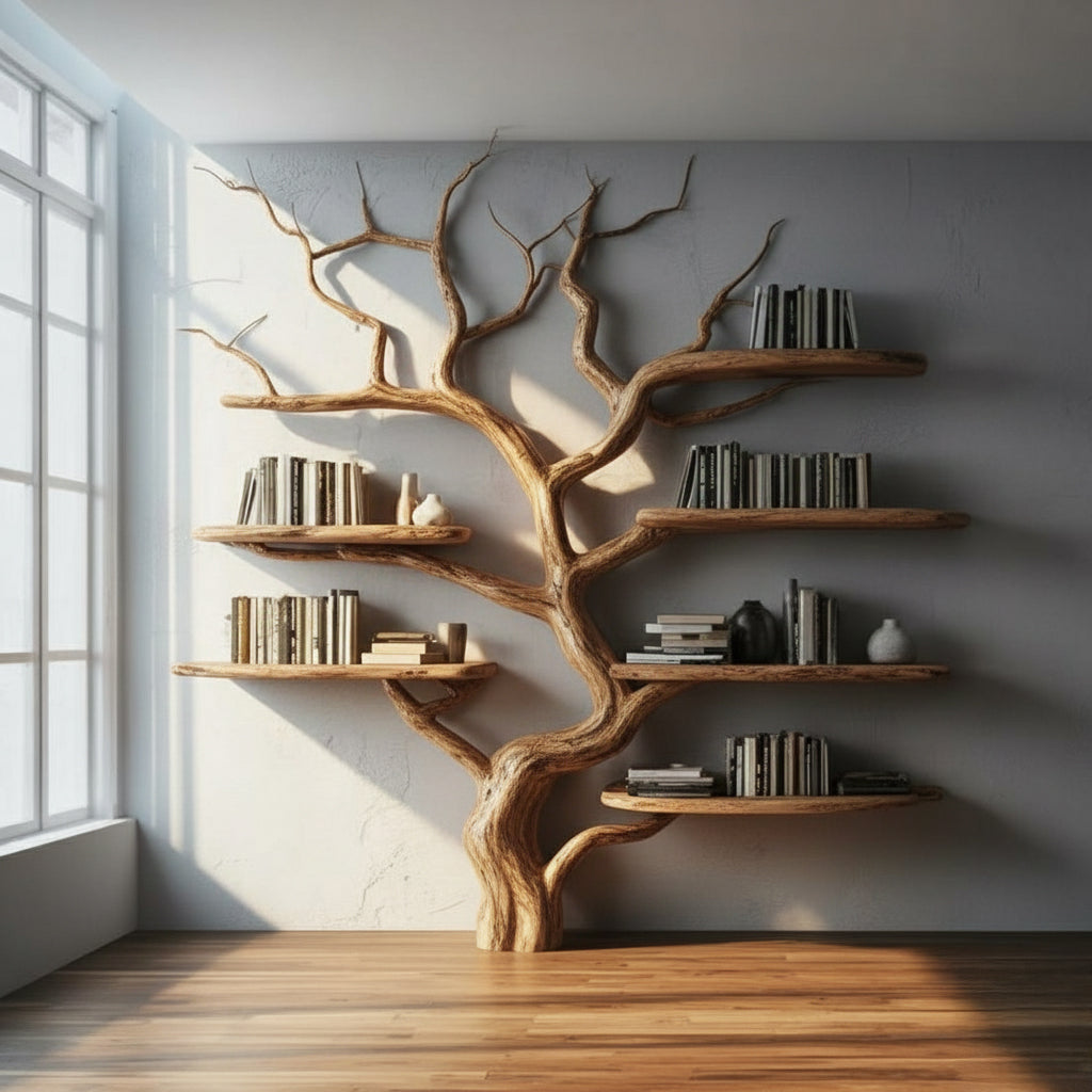 Rustic Tree Bookshelf - Handmade Wooden Branch Wall Shelf