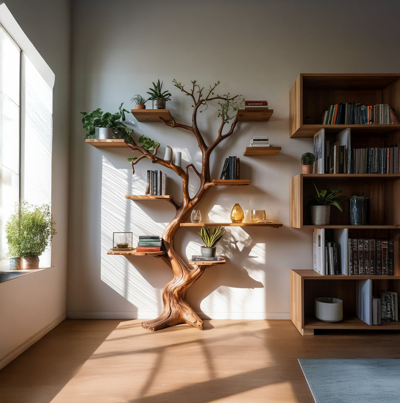Decorative Tree Trunk Bookshelf - Large Wall - Mounted Wooden Sculpture - Rustic Display Shelf - detail view 4