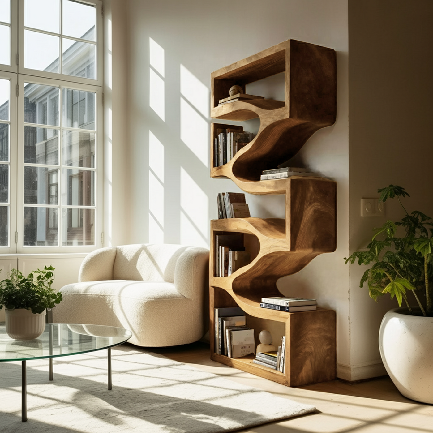 Sculptural Wooden Wall Bookcase for Modern Bedroom - detail view 4